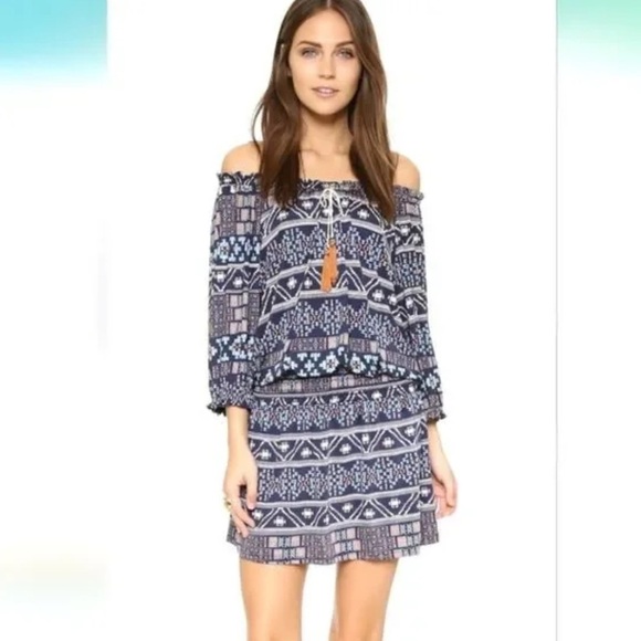 MISA Revolve Poppy Navy Aztec Off the Shoulder Dress - Picture 2 of 13